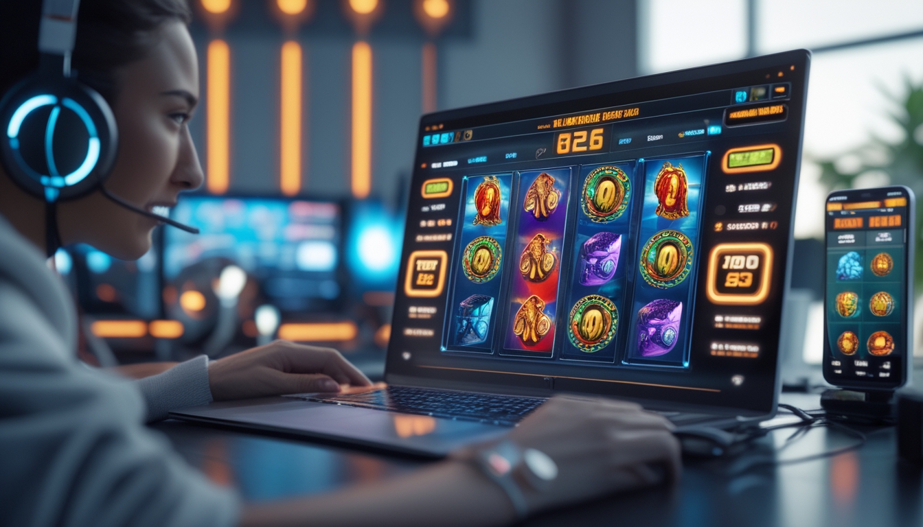 Seorang pengguna bermain permainan slot online di depan komputer dengan layar menampilkan permainan slot berwarna cerah dan suasana ruangan yang modern.