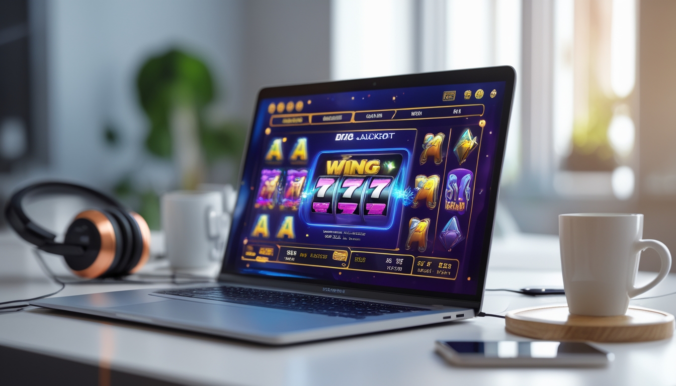 Seseorang menggunakan komputer dengan tampilan permainan slot online yang berwarna-warni dan ikon jackpot besar di layar.