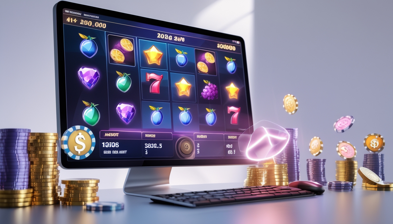 Layar perangkat digital menampilkan permainan slot online dengan simbol warna-warni dan koin serta chip poker di sekitarnya.