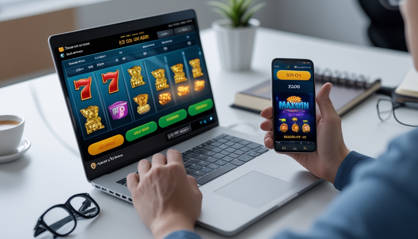 Tangan seseorang menggunakan laptop dan ponsel untuk melakukan transaksi deposit dan withdraw pada permainan slot online di lingkungan kantor yang rapi.
