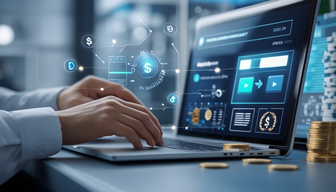 Seseorang menggunakan laptop atau ponsel untuk melakukan transaksi deposit dan withdraw di situs slot online dengan latar belakang elemen kasino.