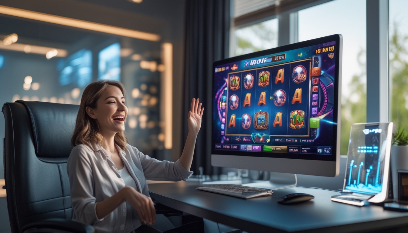 Seseorang duduk di depan komputer dengan ekspresi senang sambil bermain permainan slot online yang berwarna-warni.
