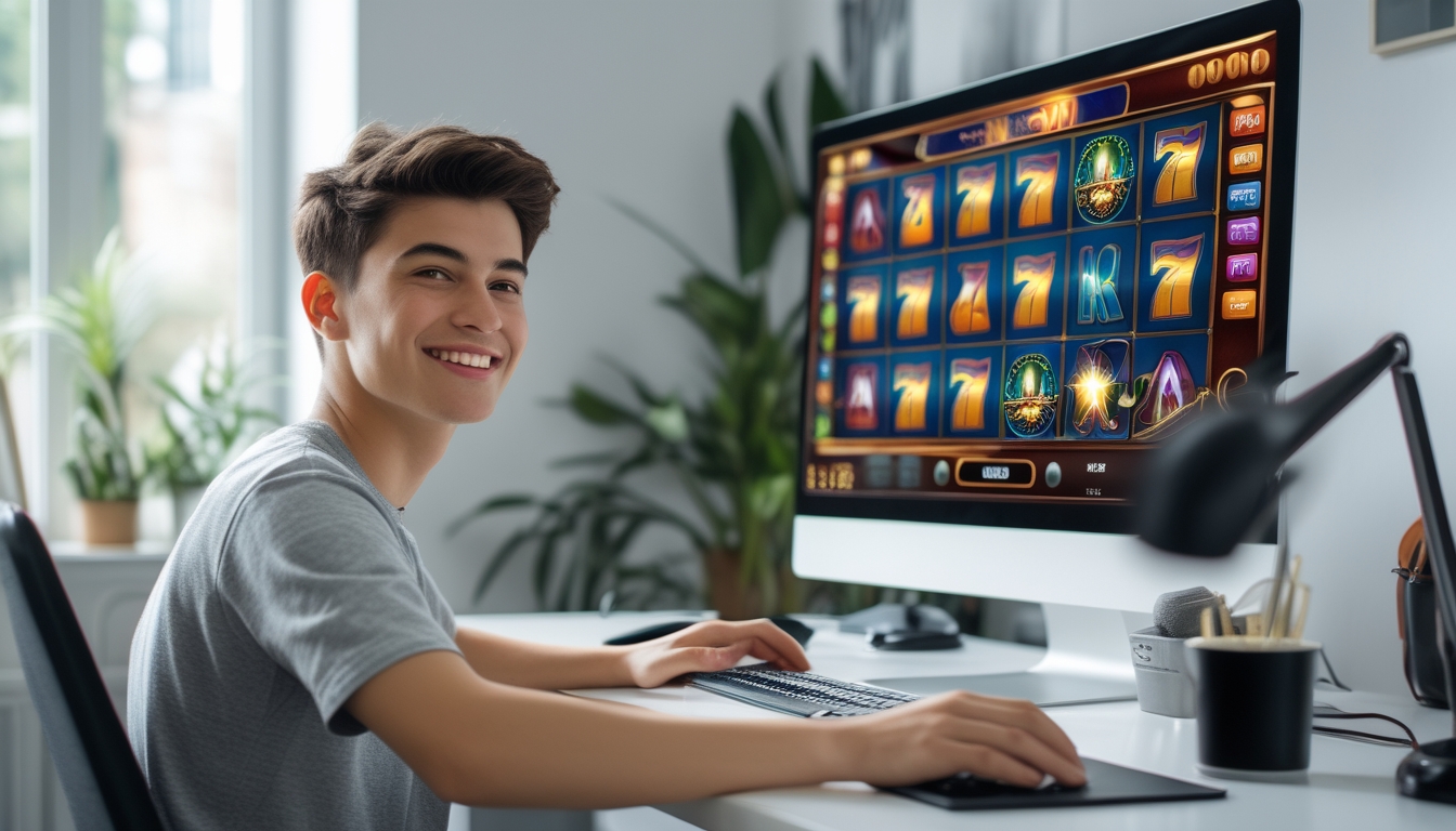 Seseorang duduk di meja komputer modern bermain permainan slot online dengan ekspresi senang di ruang kerja yang terang dan rapi.