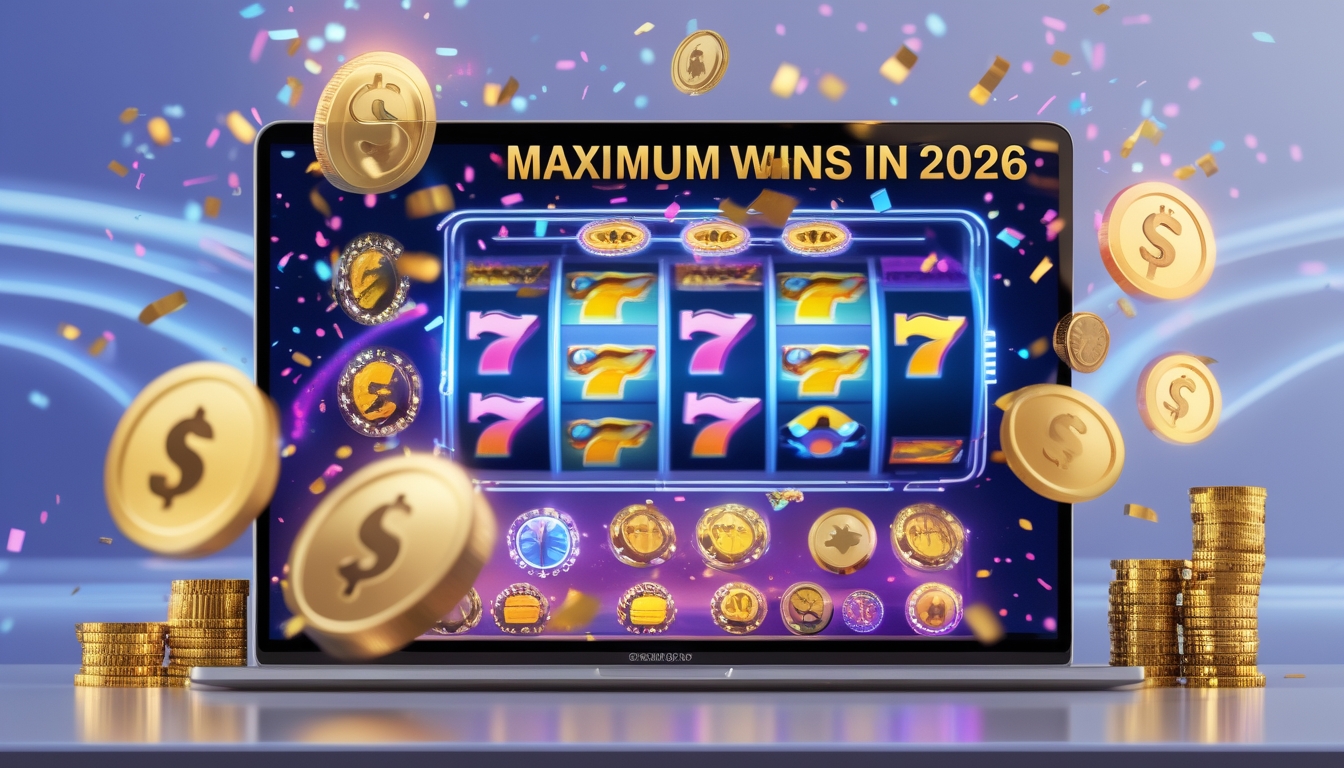 Layar komputer menampilkan permainan slot online dengan simbol kemenangan dan koin bersinar di sekitarnya.