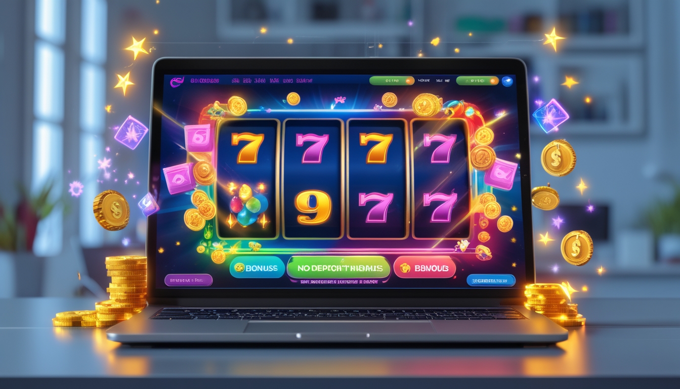 Seorang pengguna bermain permainan slot online di komputer dengan tampilan layar penuh warna dan simbol keberuntungan, di lingkungan rumah yang rapi.