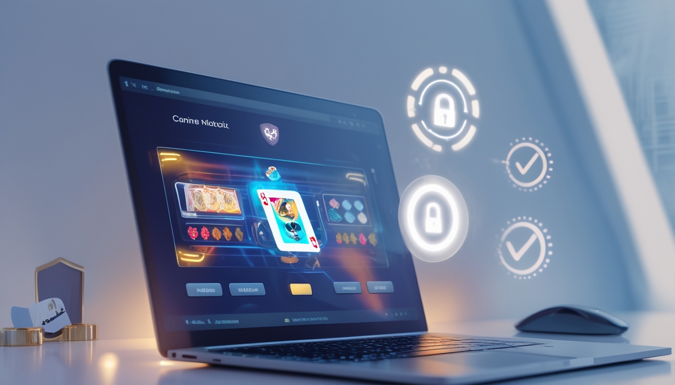 Seorang pengguna sedang bermain permainan kartu online di komputer dengan simbol keamanan digital di latar belakang.