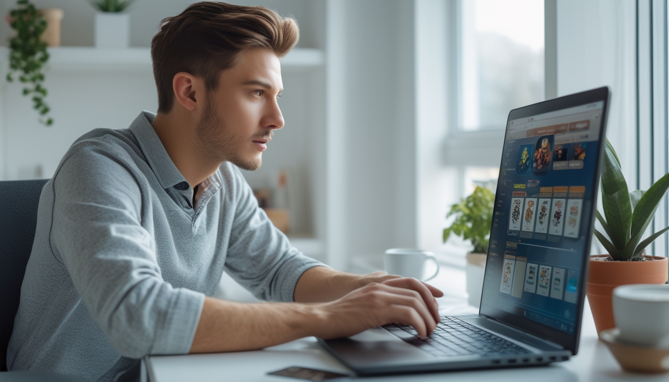 Seorang pria muda duduk di meja dengan laptop, fokus pada layar yang menampilkan permainan kartu online, di ruang kerja rumah yang rapi dan terang.