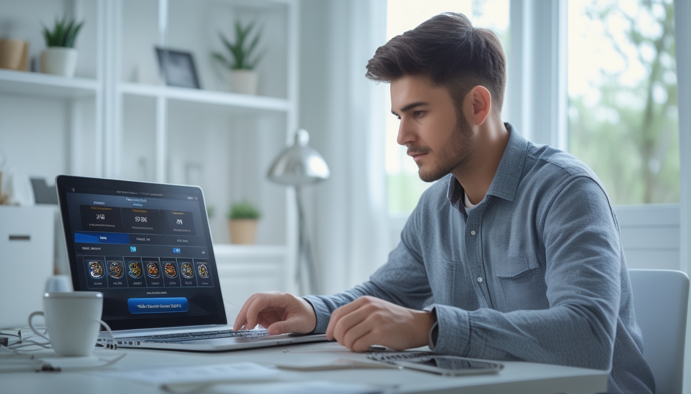 Seorang pria muda duduk di meja kerja dengan laptop, fokus bermain permainan kartu online di ruang kerja yang terang dan rapi.