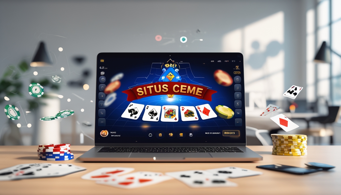 Seseorang menggunakan laptop atau ponsel untuk bermain permainan kartu online dengan tampilan antarmuka yang cerah di ruang kerja yang rapi dan terang.