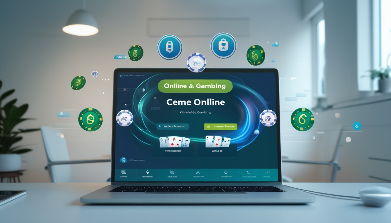 Seorang pria menggunakan laptop di meja dengan tampilan situs permainan kartu online, dikelilingi ikon pembayaran cepat dan simbol keamanan.