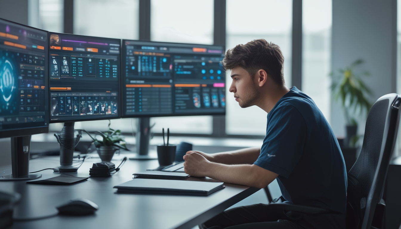 Seorang pria muda duduk di meja kerja dengan beberapa monitor menampilkan permainan kartu online dan grafik strategi, sedang fokus menganalisis layar.