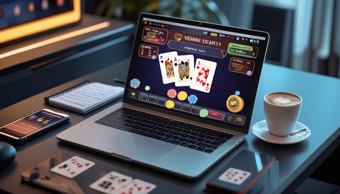 Seorang pemain sedang menggunakan laptop untuk bermain permainan kartu Ceme online dengan kartu dan chip terlihat di layar, di meja juga ada ponsel, catatan, dan secangkir kopi.