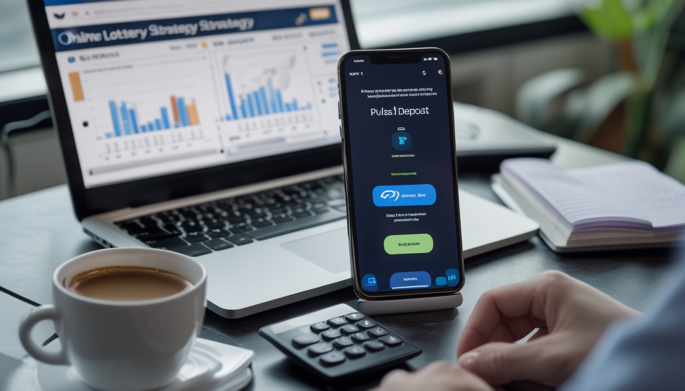 Meja kerja modern dengan laptop, smartphone, catatan, kopi, dan kalkulator yang menunjukkan aktivitas perencanaan strategi togel online.