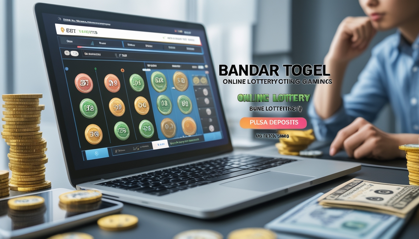 Seorang pria duduk di depan laptop dan smartphone dengan tampilan permainan togel online, dikelilingi oleh chip taruhan dan uang kertas, sedang fokus merencanakan strategi menang.