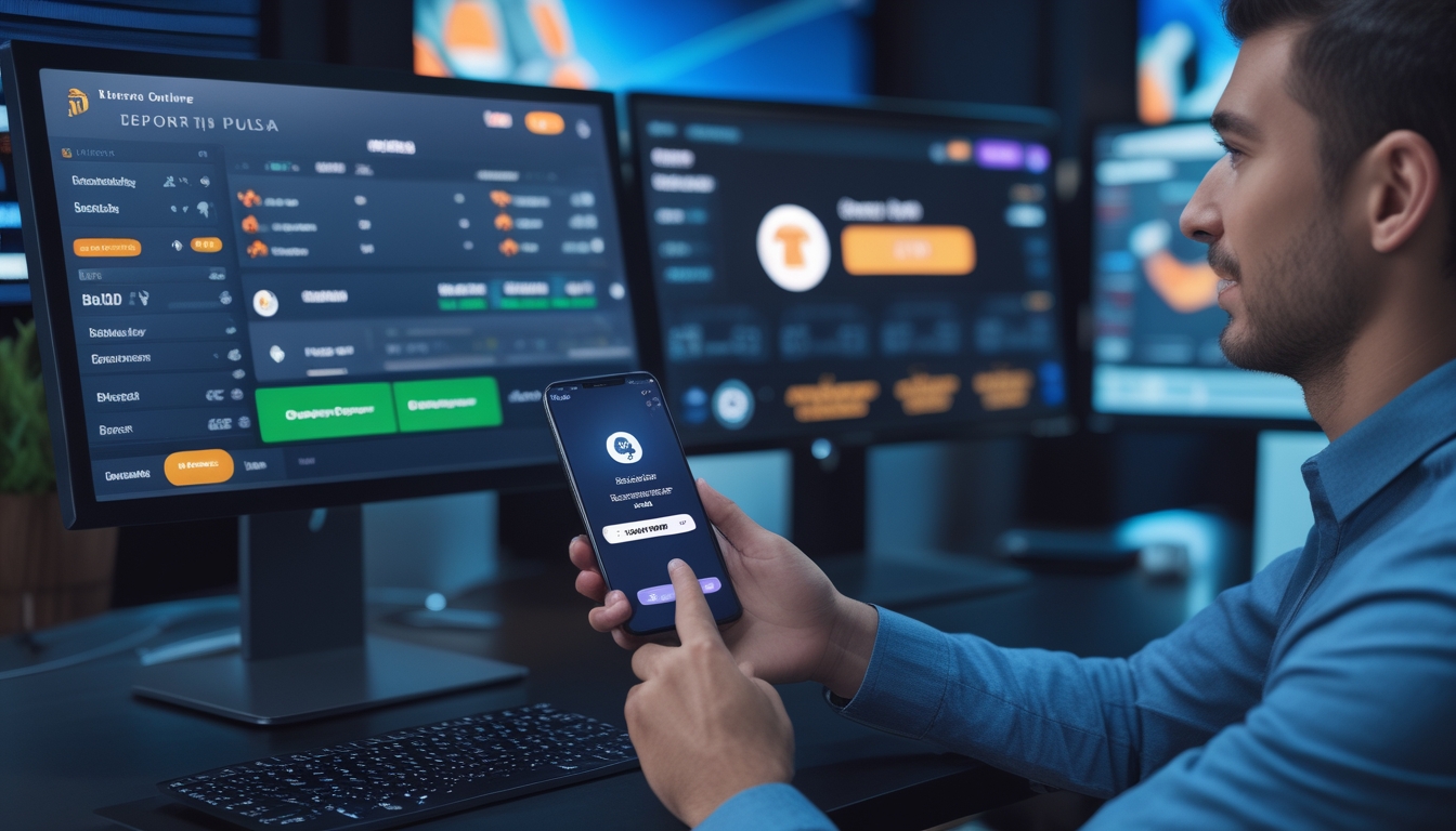 Seseorang menggunakan ponsel di meja kerja dengan beberapa layar komputer menampilkan data taruhan olahraga secara online.