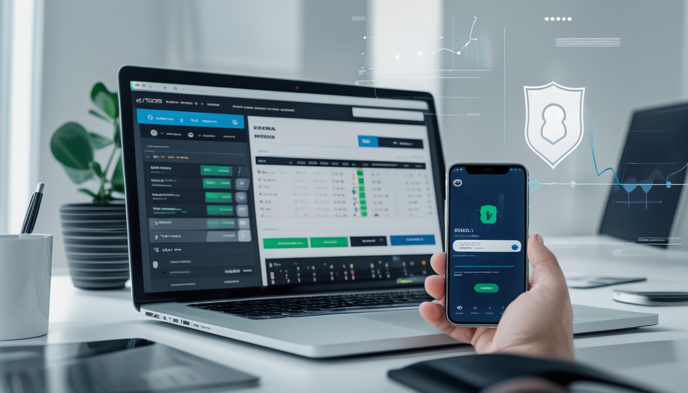 Seseorang menggunakan laptop dan ponsel untuk memasang taruhan bola online dengan tampilan antarmuka taruhan dan aplikasi dompet digital di meja kerja modern.