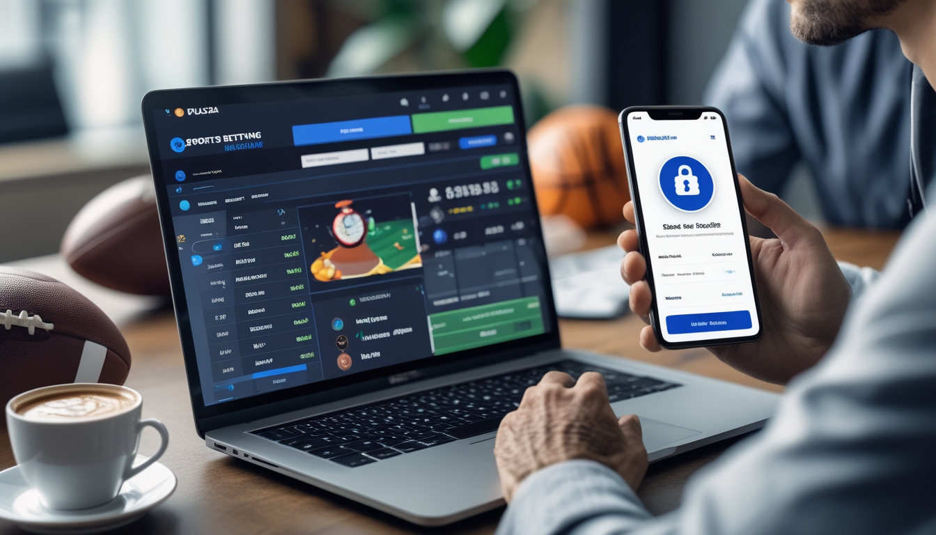 Seorang pengguna sedang bekerja dengan laptop dan smartphone di meja, menampilkan aktivitas taruhan olahraga online dan pembayaran aman.