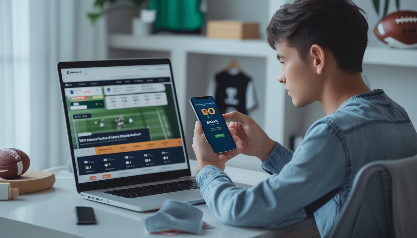 Seorang pemuda duduk di meja dengan laptop dan ponsel, melihat situs taruhan bola online dengan tampilan aplikasi pembayaran pulsa di layar ponsel.