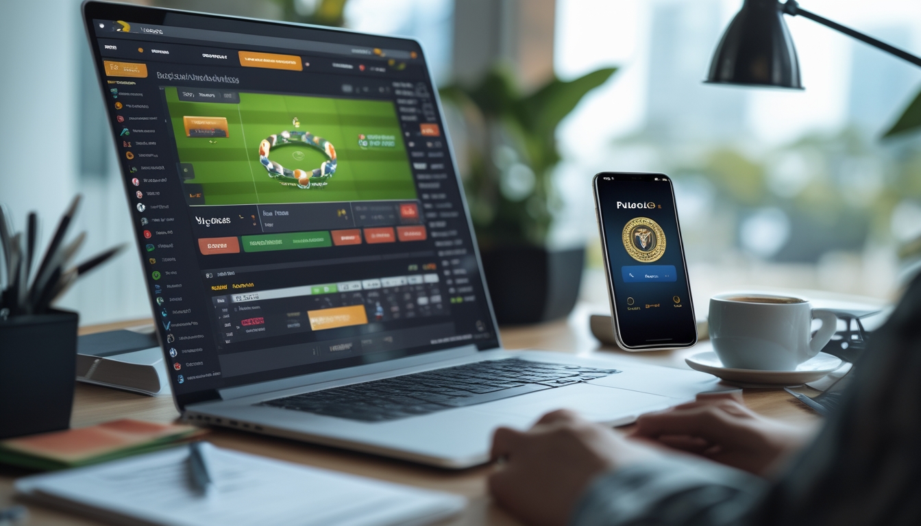 Meja kerja dengan laptop menampilkan antarmuka taruhan bola online dan ponsel yang menunjukkan transaksi deposit pulsa.