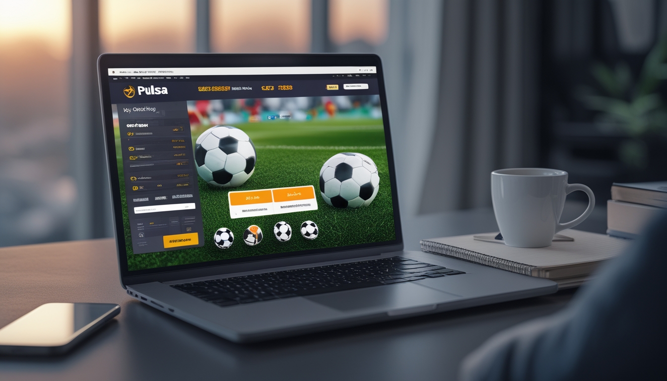 Seorang profesional sedang menggunakan laptop di meja kerja dengan tampilan situs taruhan bola online dan ikon pembayaran pulsa di layar.