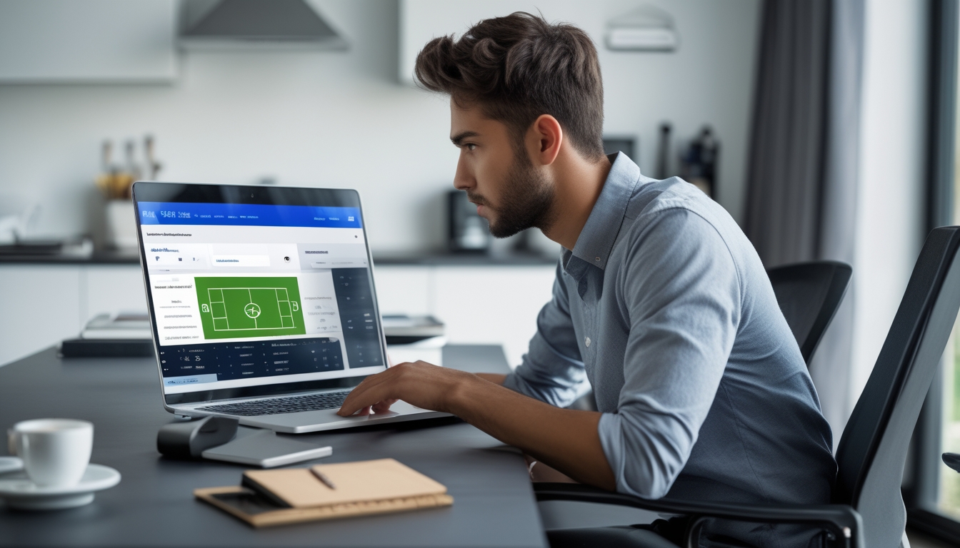 Seorang pria muda duduk di meja modern menggunakan laptop dengan situs taruhan bola terbuka, di ruang kerja rumah yang rapi dan terang.