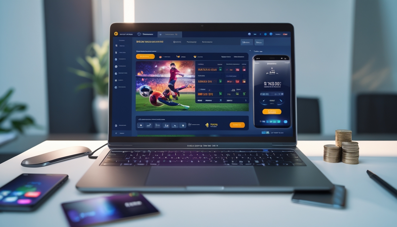 Meja kerja modern dengan laptop dan ponsel yang menampilkan aplikasi taruhan bola online, dilengkapi dengan ikon transaksi digital dan suasana yang bersih dan profesional.