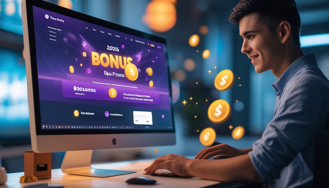 Seorang pengguna muda sedang menggunakan komputer dan ponsel untuk melakukan transaksi deposit pulsa pada situs taruhan bola online dengan latar belakang elemen olahraga.