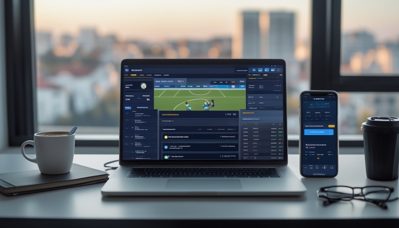 Seorang pria menggunakan laptop dan ponsel untuk memasang taruhan sepak bola online di meja kerja yang rapi dengan latar belakang pemandangan kota.