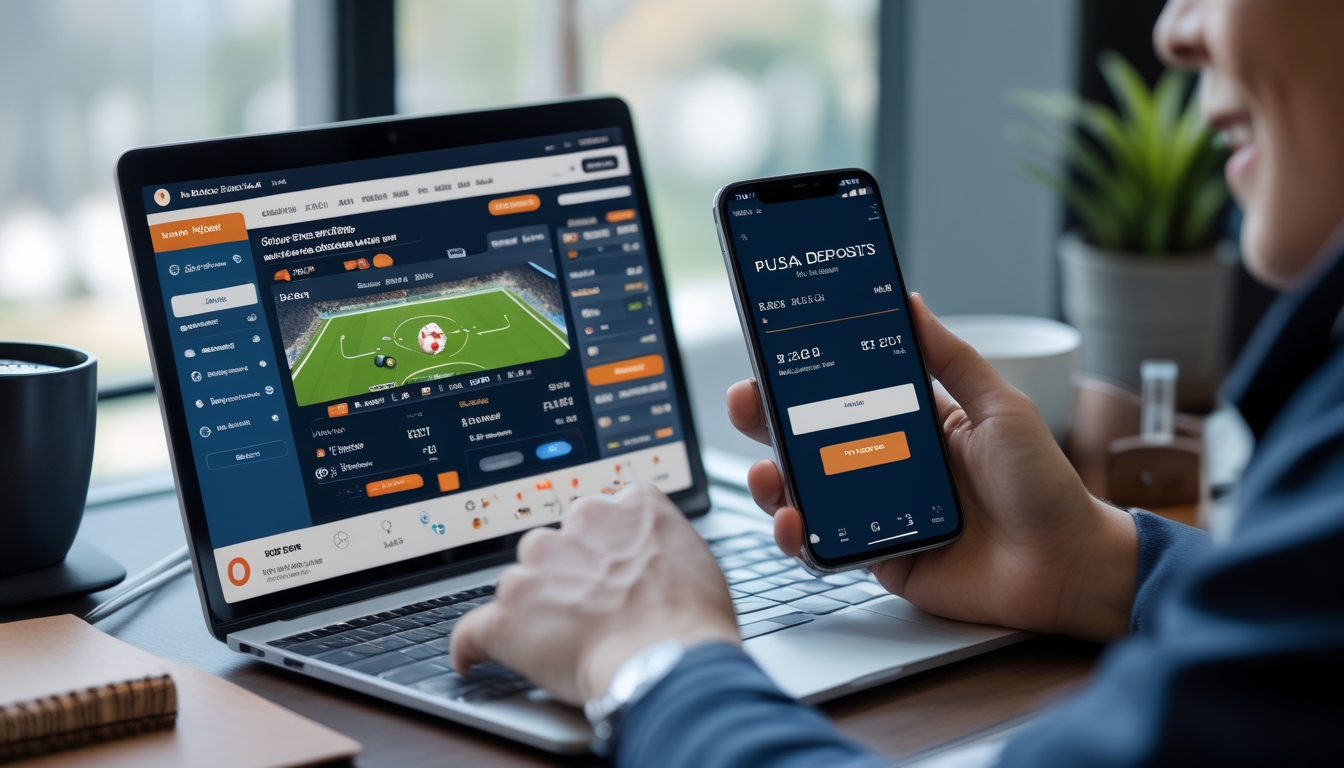Seorang dewasa muda menggunakan laptop dan ponsel untuk taruhan bola online dengan deposit pulsa di meja kerja.