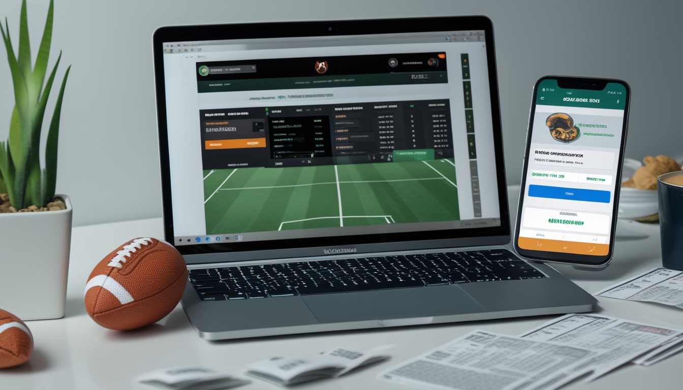 Sebuah meja kerja dengan laptop yang menampilkan situs taruhan bola online dan ponsel yang menunjukkan aplikasi pembayaran mobile, dengan bola sepak kecil dan secangkir kopi di sekitar.