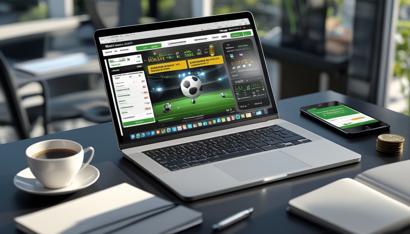 Sebuah meja kerja modern dengan laptop dan ponsel yang menampilkan situs taruhan olahraga online, dengan suasana terang dan elemen yang menunjukkan kemudahan deposit pulsa 24 jam.