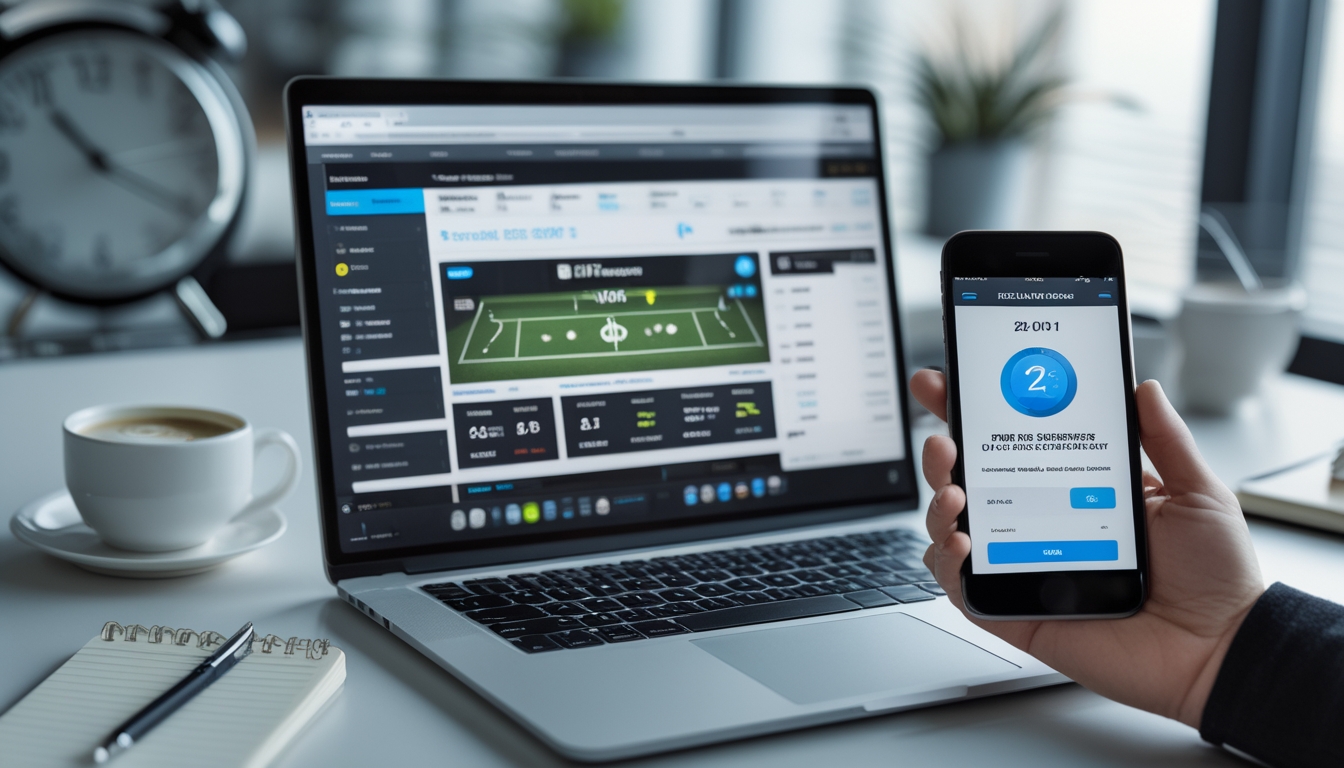 Seorang pria menggunakan laptop dan smartphone di meja kerja dengan layar yang menampilkan situs taruhan bola online dan aplikasi pembayaran.