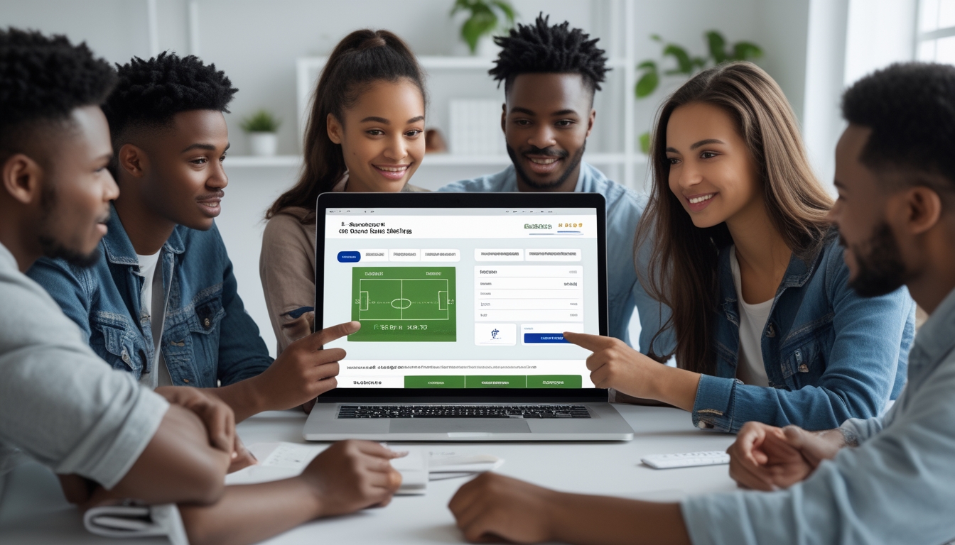 Sekelompok orang muda sedang berdiskusi di sekitar laptop yang menampilkan situs judi bola online yang aman.