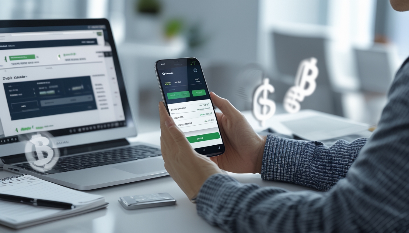 Seseorang menggunakan ponsel dan laptop untuk melakukan transaksi deposit dan withdraw di platform taruhan bola online.