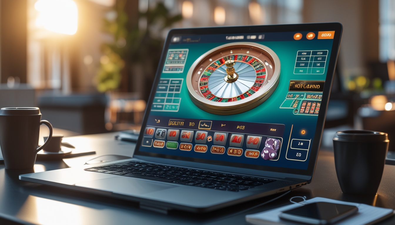 Seorang pengguna sedang mengakses permainan live casino online di komputer dengan latar belakang ruang kerja modern.