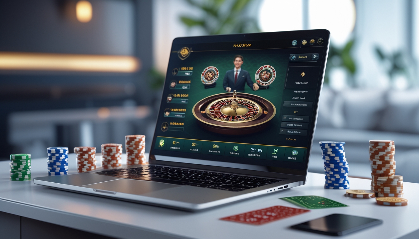 Seorang pengguna sedang melihat layar komputer dengan tampilan dealer live casino online, di meja terdapat chip poker dan kartu remi.