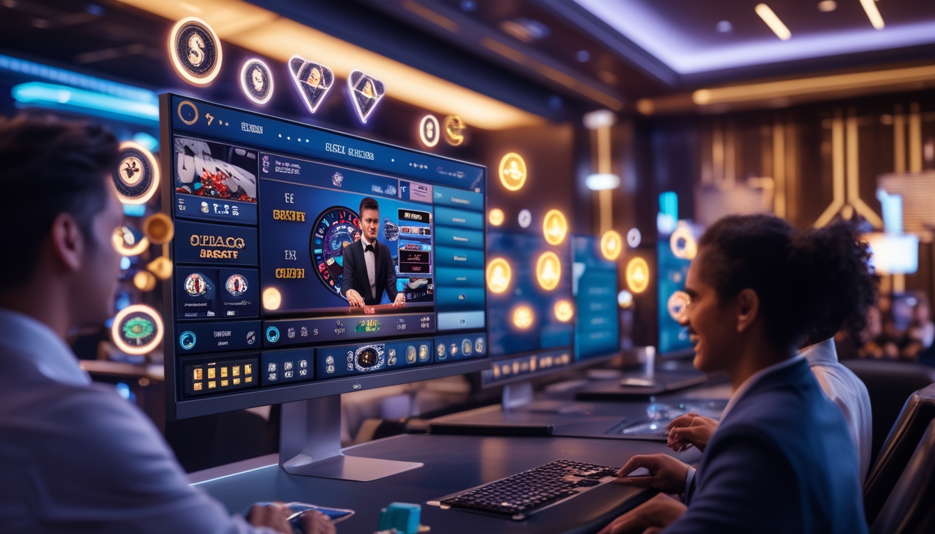 Orang-orang menikmati permainan kasino langsung online dengan dealer di layar komputer dalam suasana kasino modern dan elegan.