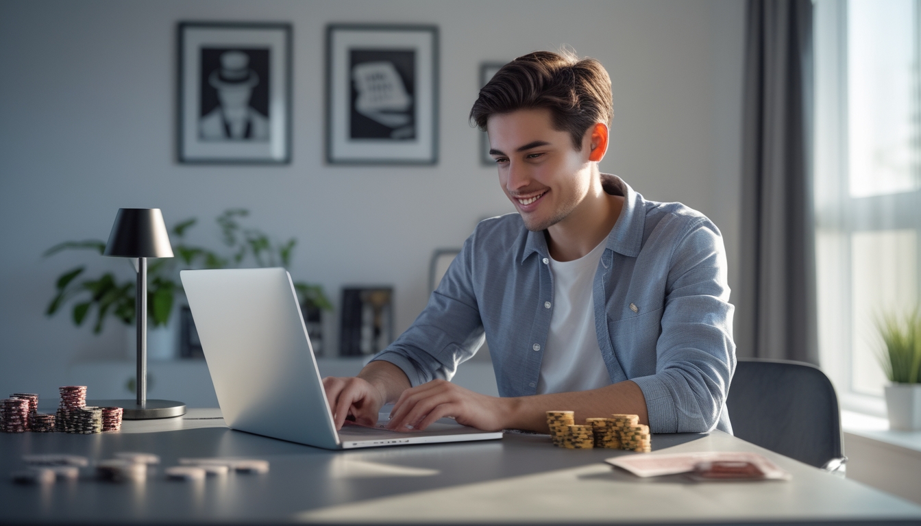 Seseorang sedang menggunakan laptop di ruang kerja modern untuk mendaftar di kasino online langsung yang aman dan terpercaya.