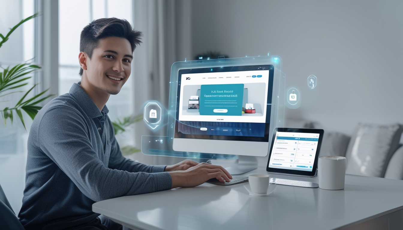 Seorang dewasa muda duduk di meja kerja dengan laptop, tersenyum sambil mendaftar akun casino online, di ruang yang terang dan rapi.