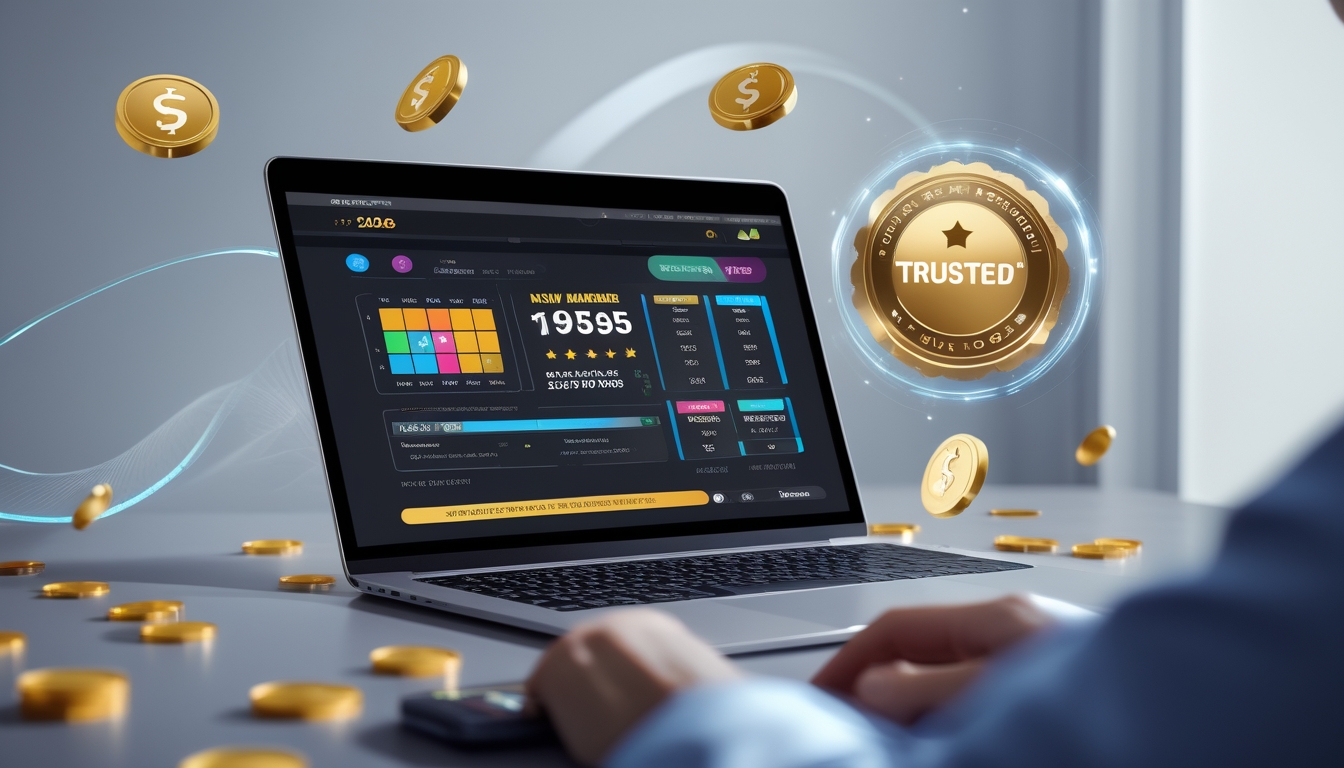 Seseorang menggunakan laptop dengan tampilan platform togel online yang menampilkan grafik dan simbol bonus, di meja kerja yang bersih dan terang.