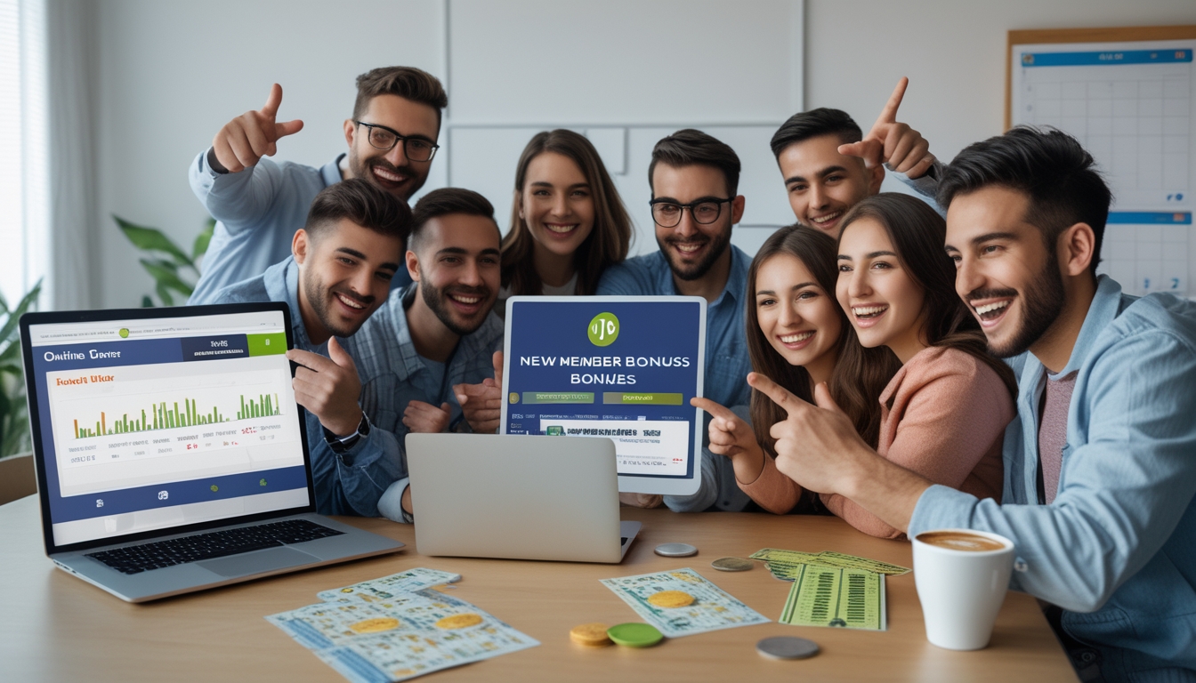 Sekelompok orang muda sedang menggunakan laptop dan ponsel untuk bermain togel online dengan ekspresi antusias di ruang tamu yang terang dan rapi.