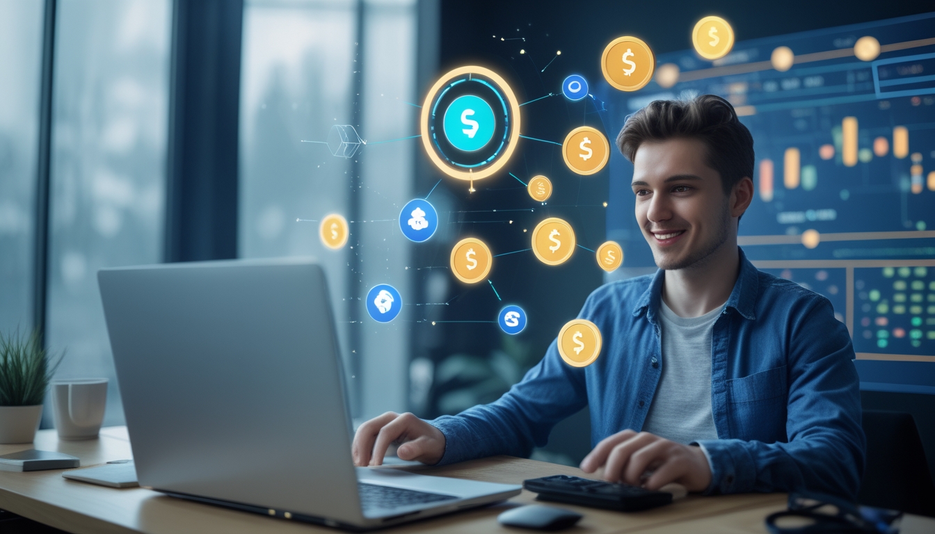 Seorang dewasa muda menggunakan laptop dengan ikon bonus dan koin digital di sekitarnya, menggambarkan cara mendapatkan bonus member baru di platform togel online.