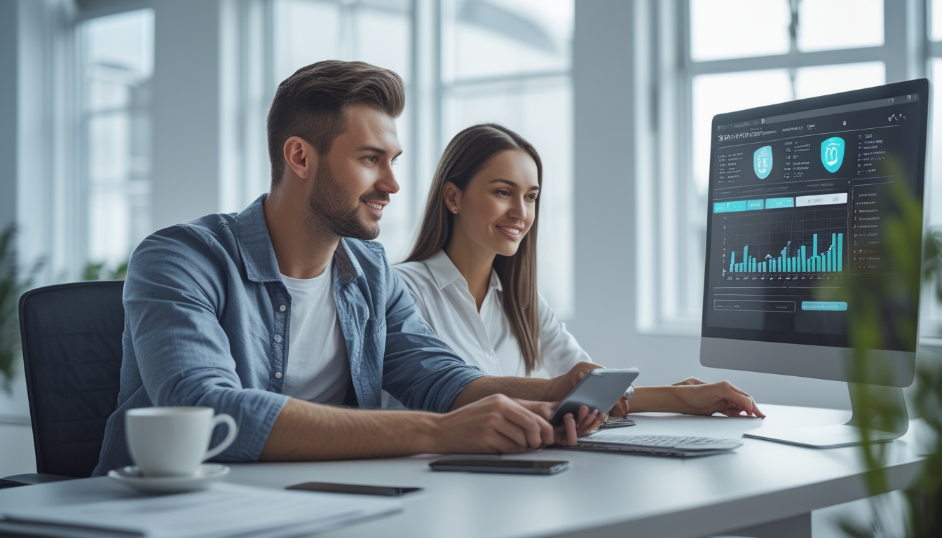 Dua orang dewasa muda duduk di meja dengan laptop, melihat layar bersama di ruang kantor yang terang dan modern.