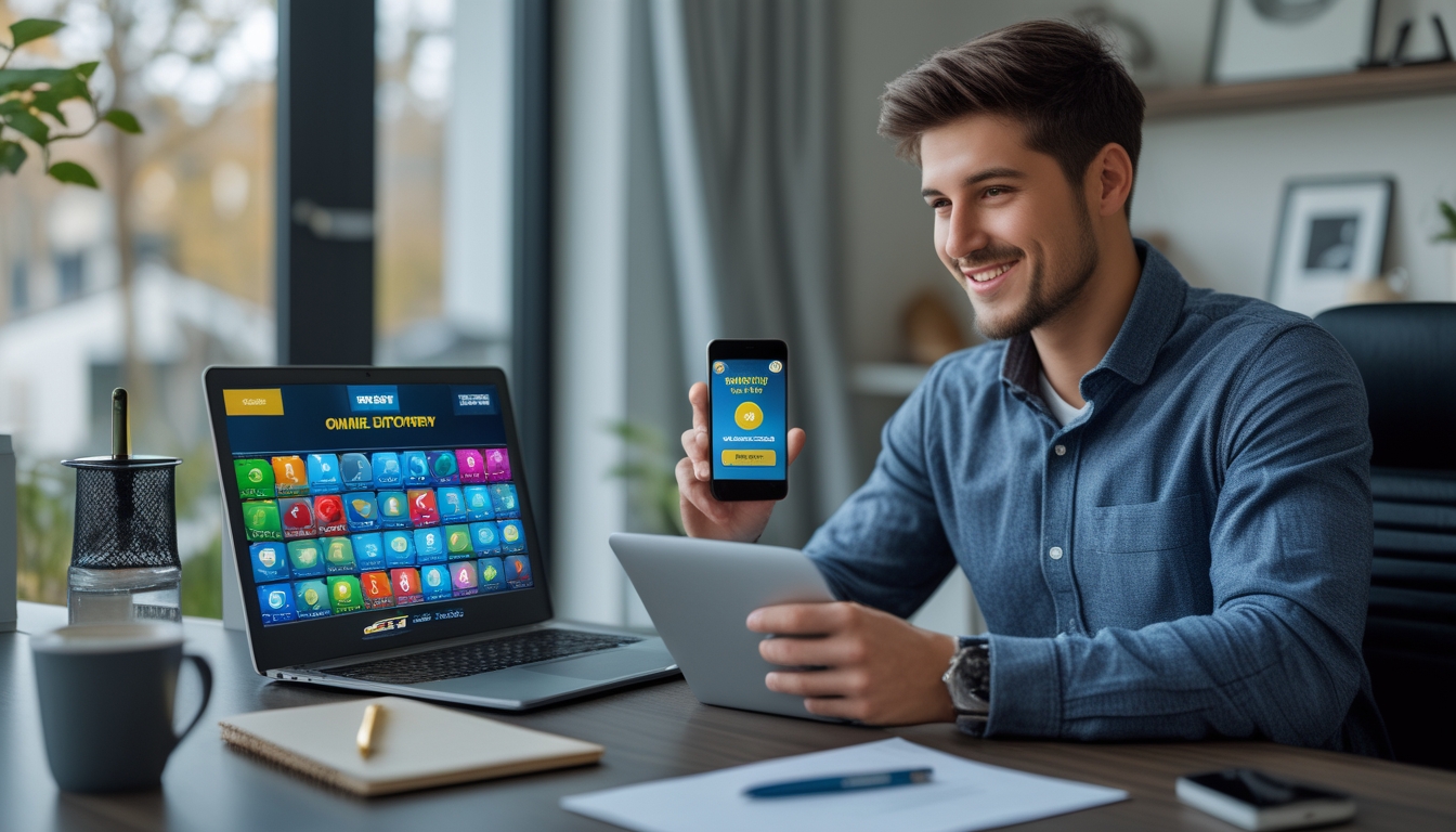 Seorang pria muda duduk di meja kerja dengan laptop dan ponsel, terlihat fokus dan senang menggunakan situs togel online di ruangan yang terang.