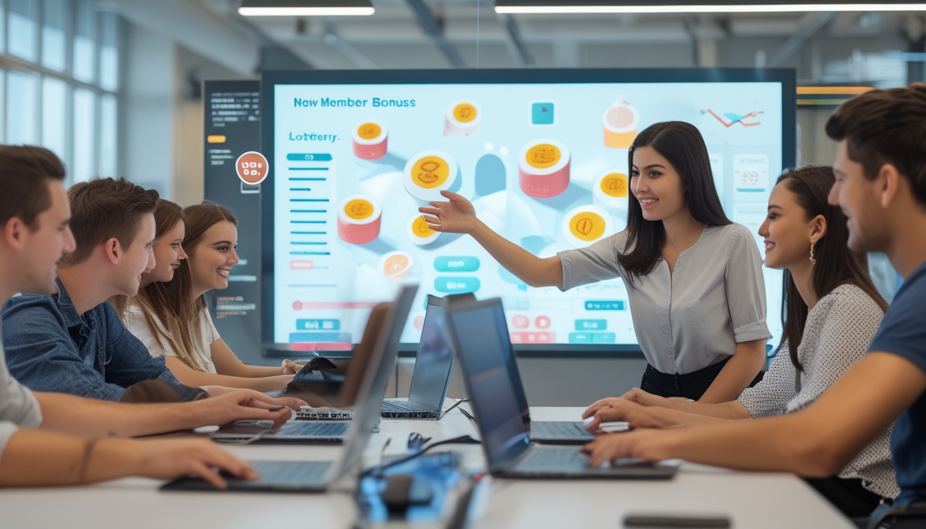 Sekelompok orang muda sedang menggunakan laptop dan ponsel di kantor modern, dengan seorang wanita menunjuk layar digital yang menampilkan simbol bonus dan hadiah.