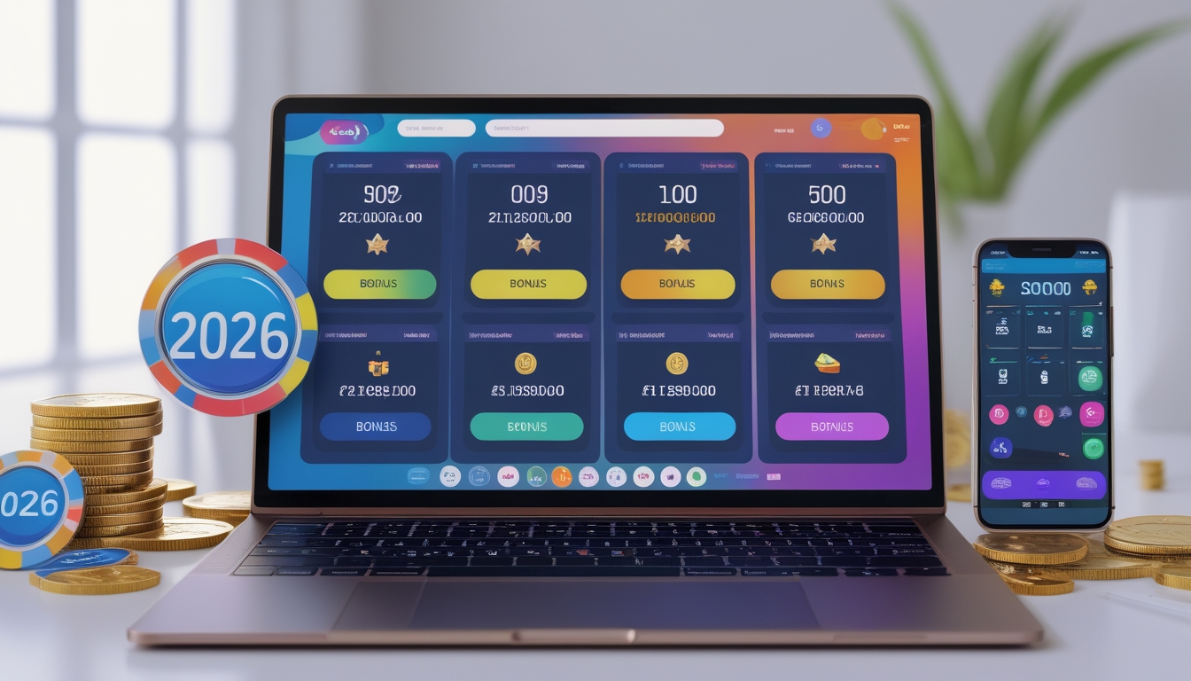 Seorang pengguna sedang melihat situs togel online di laptop dengan elemen koin digital dan kartu bermain di sekitar.