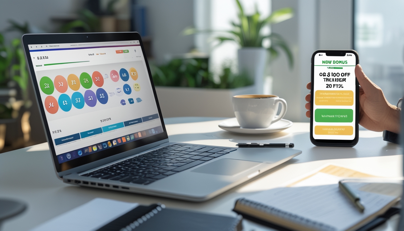 Seorang pria duduk di depan laptop di meja kerja dengan layar menampilkan antarmuka permainan togel online, sambil memegang smartphone yang menunjukkan tawaran bonus anggota baru.