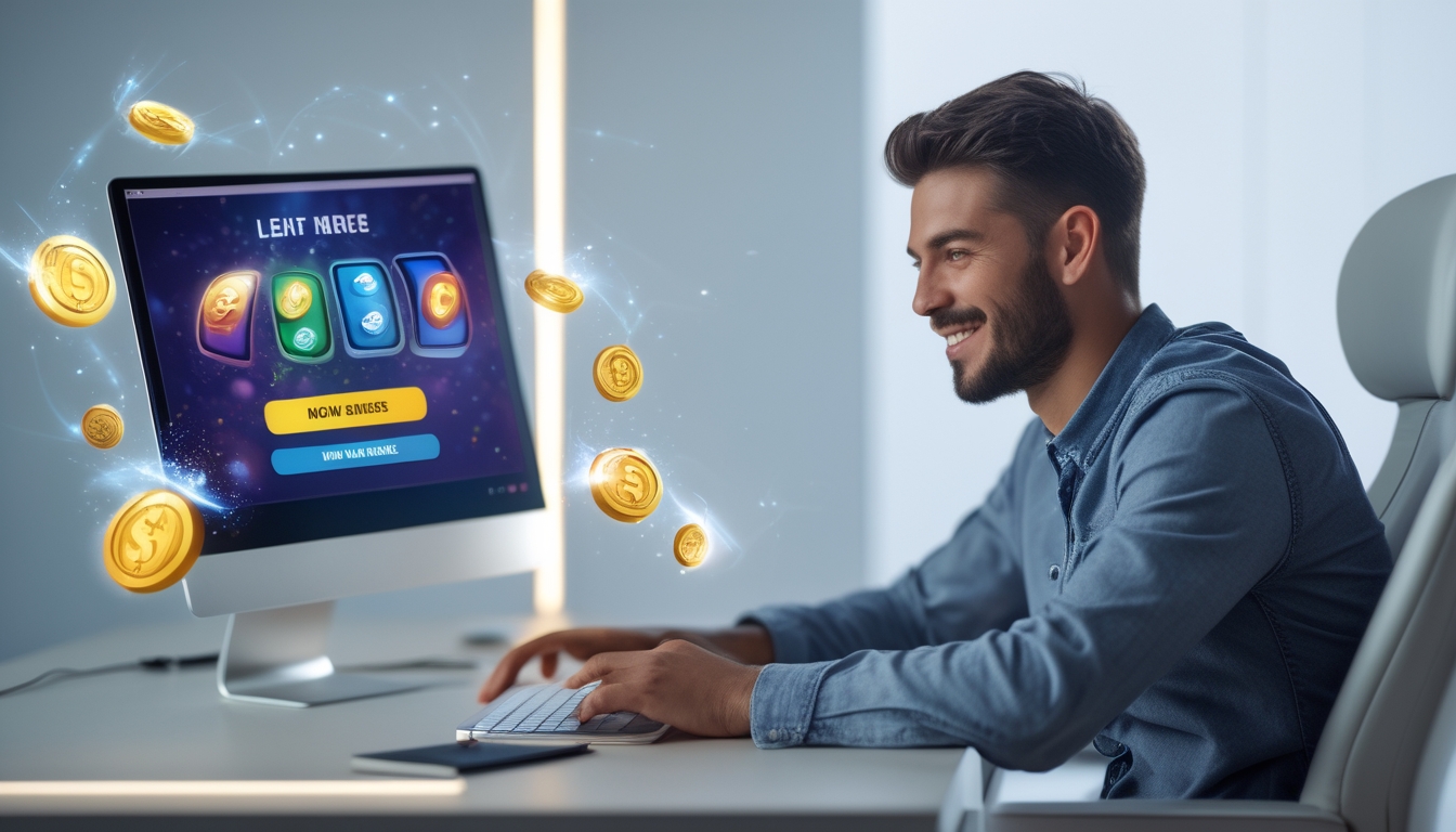 Seorang pria muda duduk di depan laptop di ruang kerja modern, terlihat senang dan fokus pada layar yang menampilkan platform permainan online dengan simbol bonus.