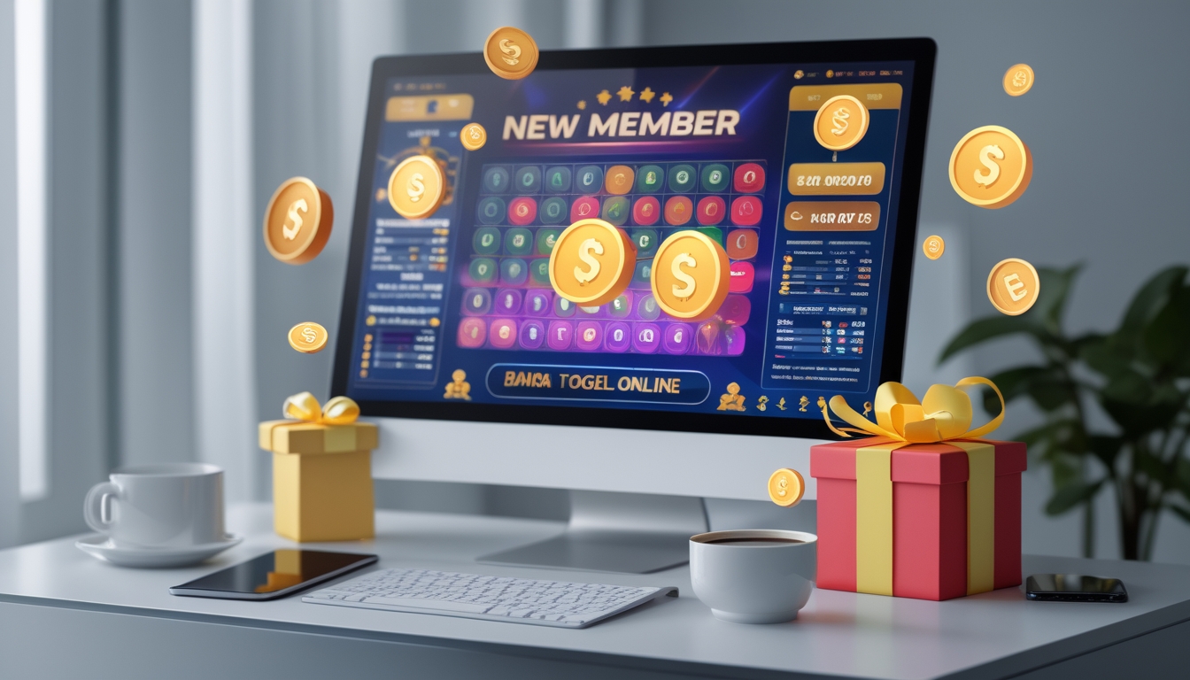 Seorang pria menggunakan laptop di meja kerja dengan tampilan permainan togel online dan ikon hadiah di sekitar komputer.
