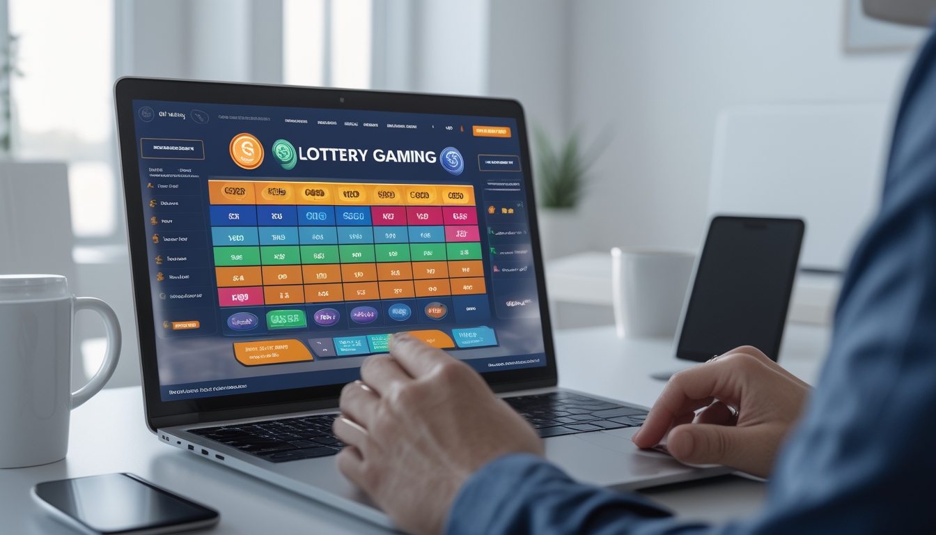 Seseorang menggunakan komputer di meja kerja modern dengan tampilan situs togel online di layar, di sekitar meja terdapat kopi dan ponsel.